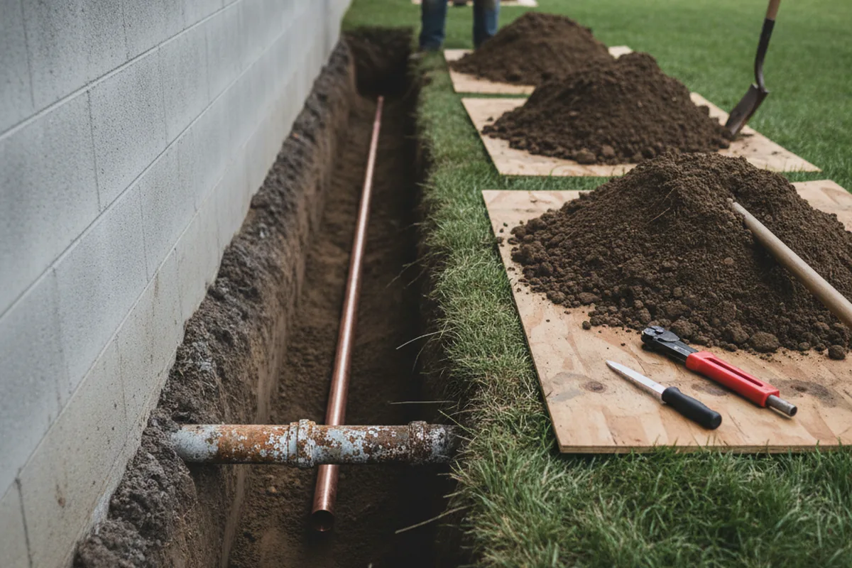 Excavated water line trench during Sewer Line Repair in Union Grove